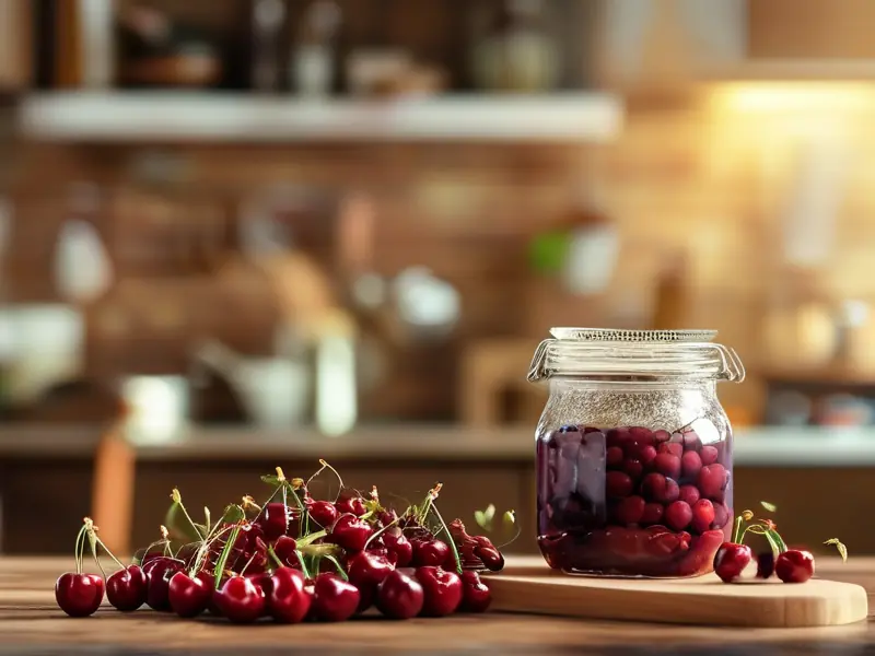 新鲜樱桃和酿酒工具准备制作樱桃酒