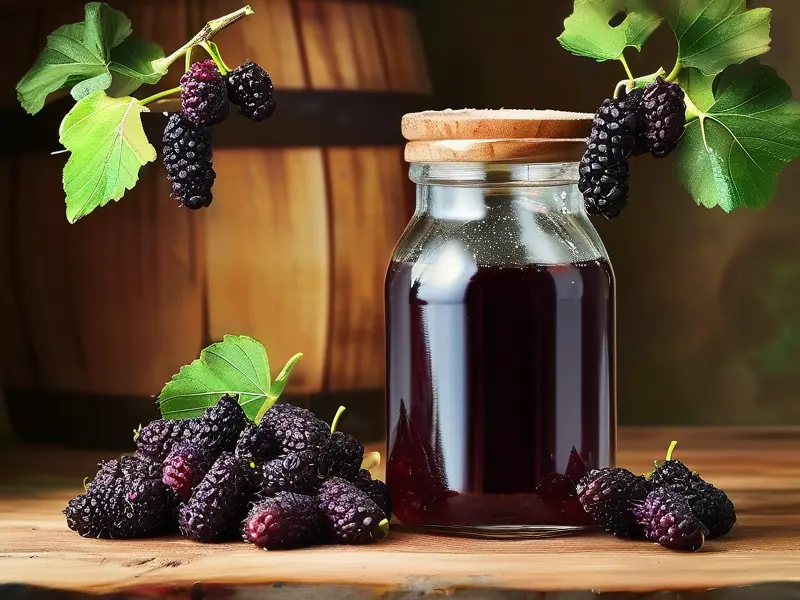 新鲜桑葚与自制桑葚酒对比图