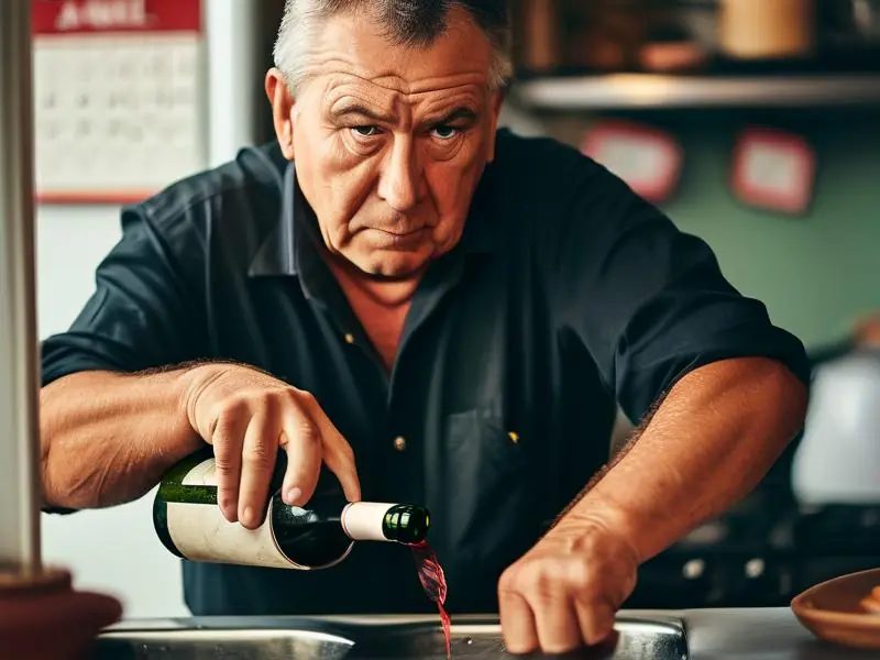 决心戒酒的中年人倒掉酒瓶中的酒