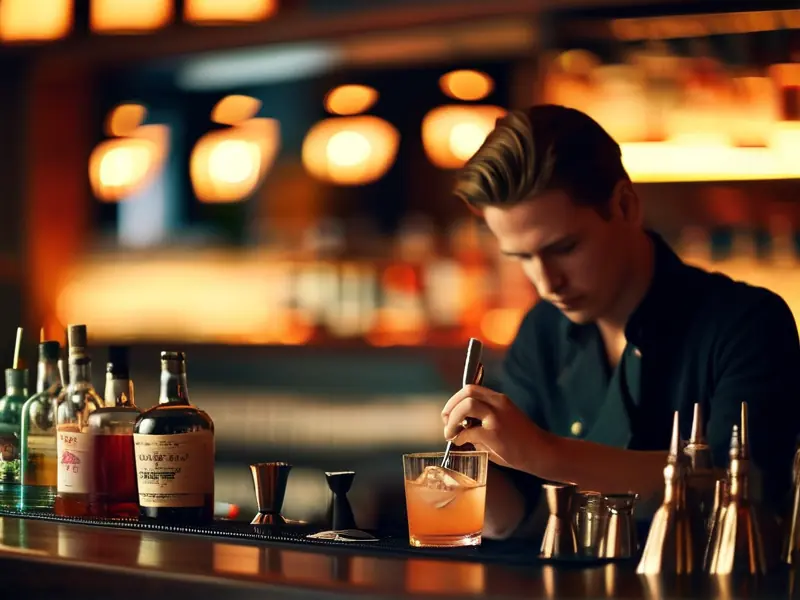 专业调酒师在吧台调制鸡尾酒