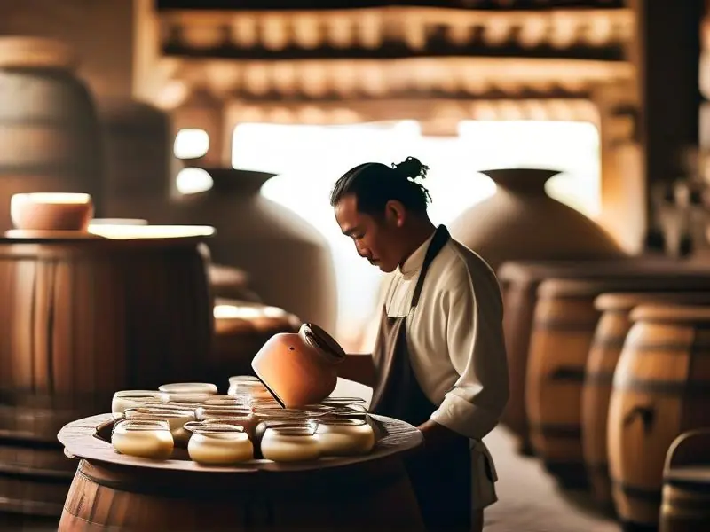 酿酒师检查玉冰烧酒发酵过程