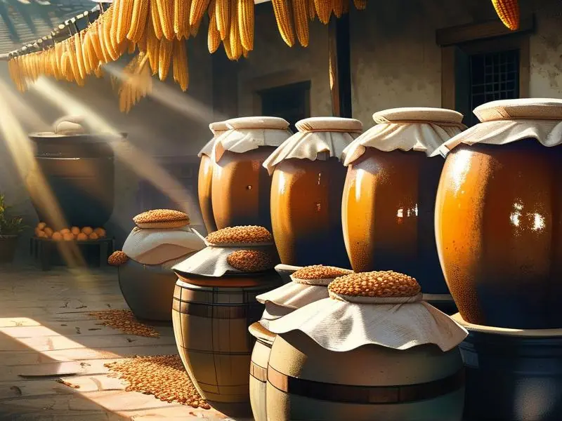 传统玉米固态发酵酿酒现场实拍图