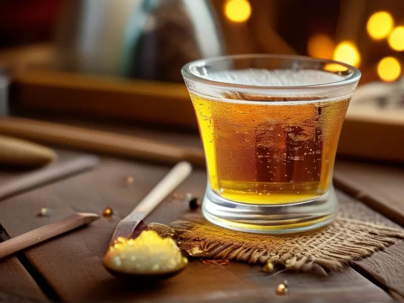 一杯金黄透亮的原酿酒特写,展示其醇厚质地与细腻气泡