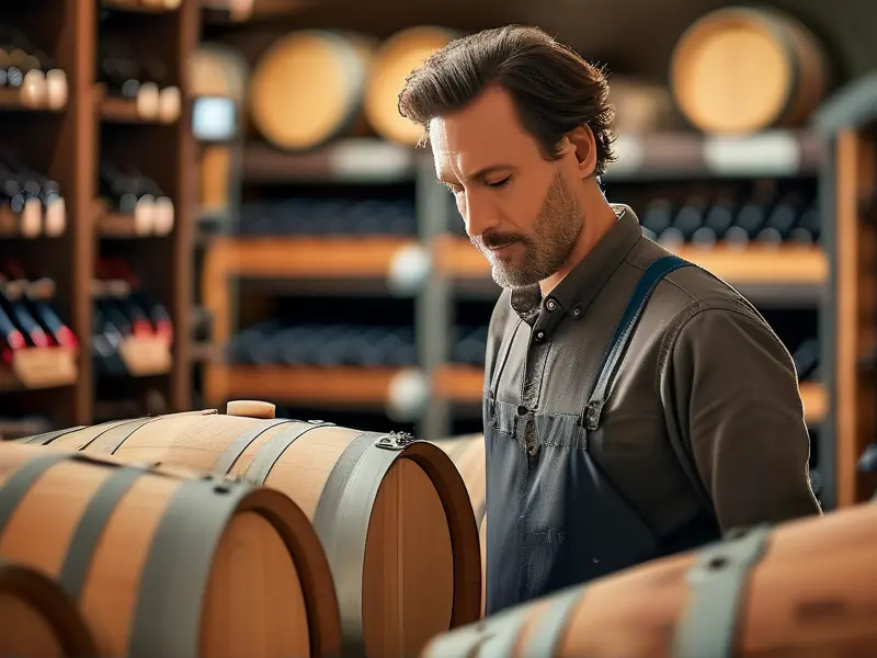 专业酿酒师在酒窖工作场景