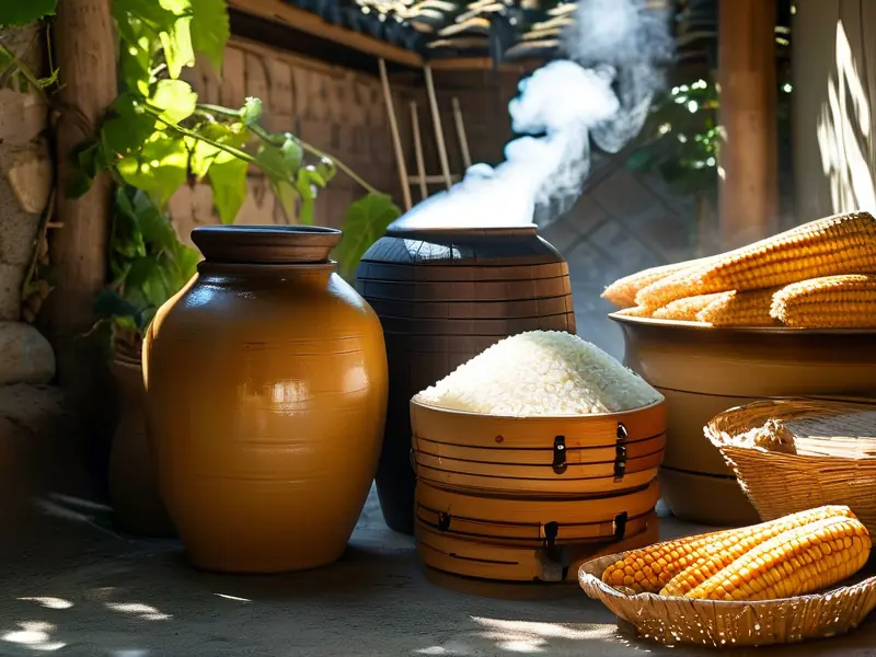 传统粮食酒制作场景：原料处理与发酵设备展示