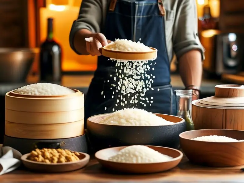 酿酒师演示酒米饭制作过程