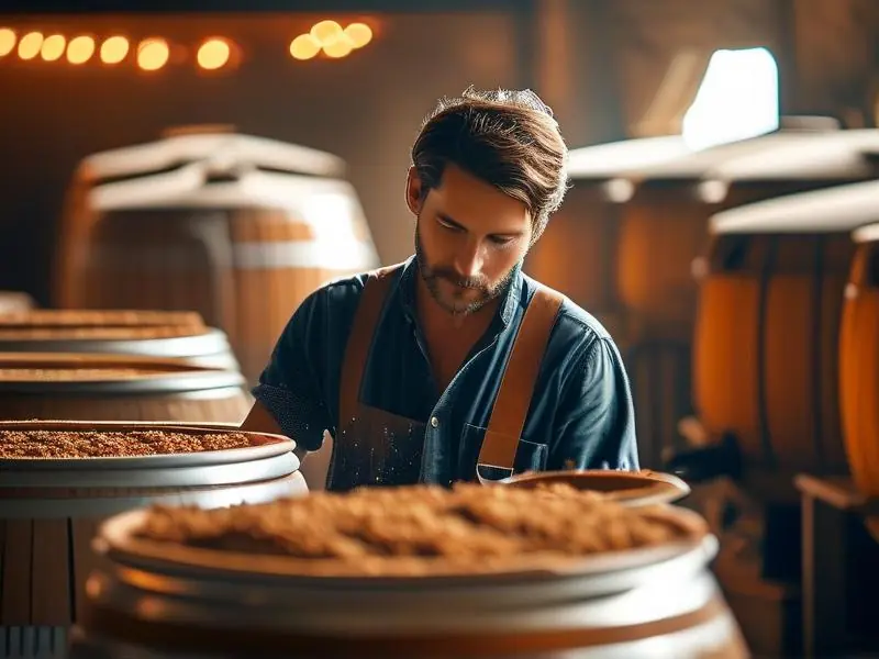 酿酒师检查发酵中的白酒原料