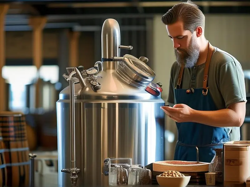 酿酒师检查不锈钢酿酒设备