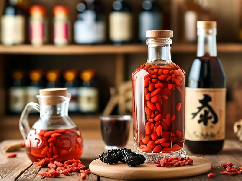 家庭自制补肾药酒成品与原料展示
