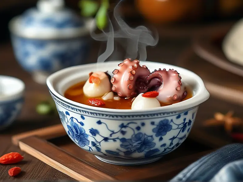 传统章鱼炖酒成品特写