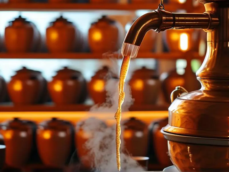 传统蒸馏器工作场景与成品酒液展示