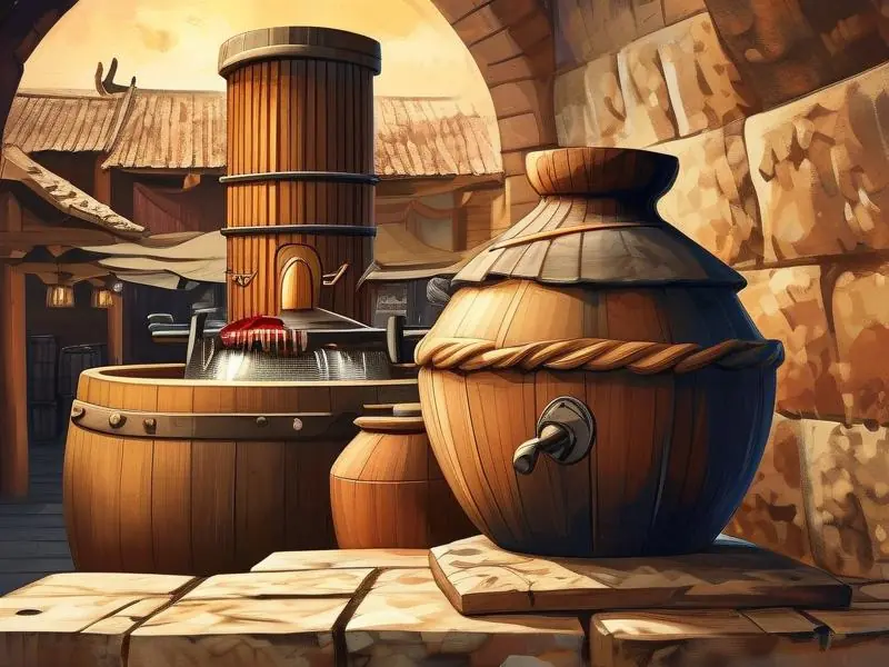 汉代酿酒场景复原图展示古代工匠操作陶瓮发酵过程