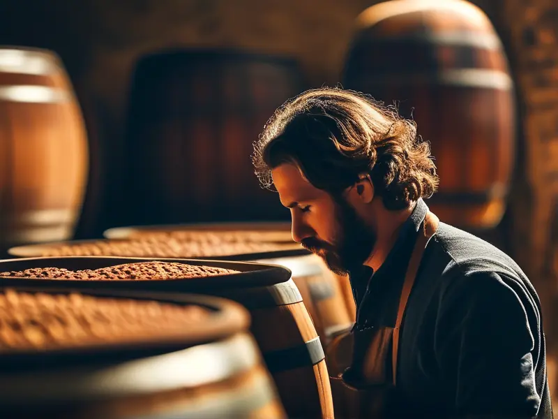 酿酒师在传统作坊中检查酒醅