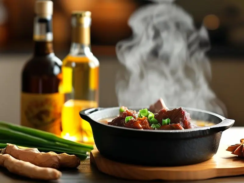 炖煮中的牛肉与不同种类酒瓶摆放