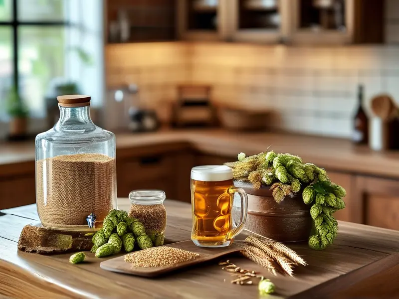 家庭自酿啤酒原料和工具展示