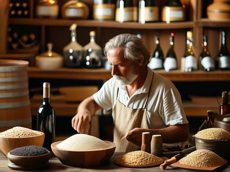 酿酒师挑选白酒酒曲的实景照片