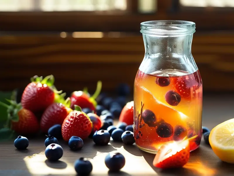 自制果酒成品与原料展示