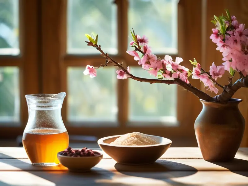 自制桃花酿酒所需材料展示：新鲜桃花、玻璃罐、冰糖和酿酒工具