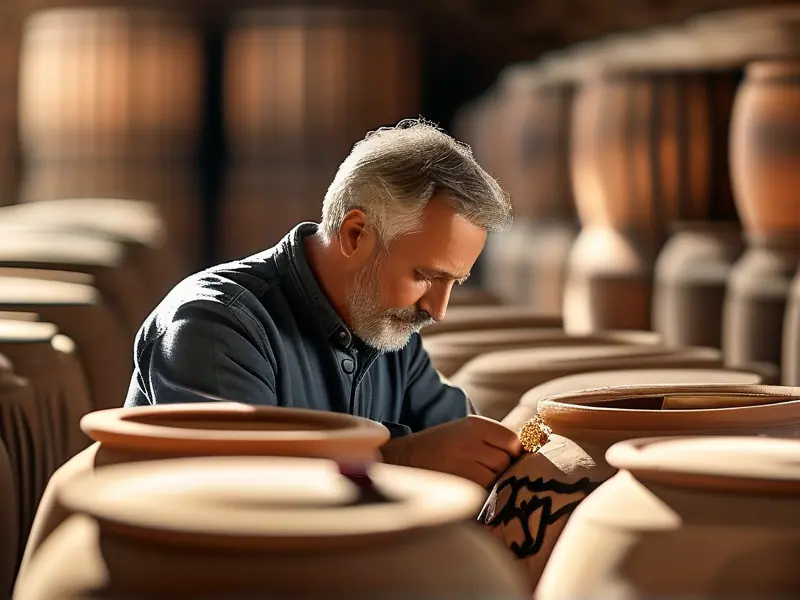 酿酒师检查陶坛中的自酿白酒