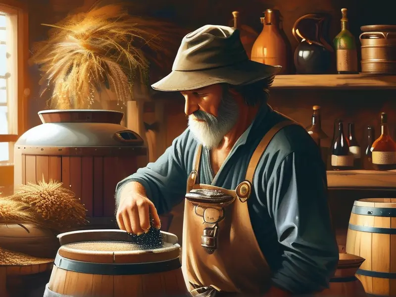 酿酒师检查自酿白酒发酵过程