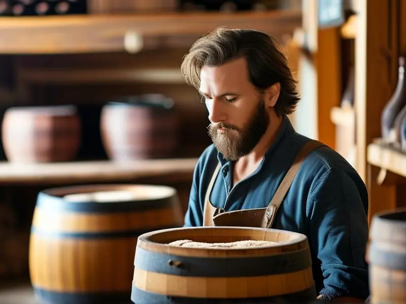 酿酒师检查发酵酒醅的专业场景