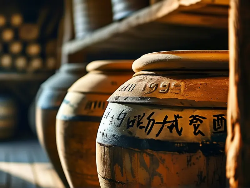 存放30年的自酿粮食酒在陶缸中的特写
