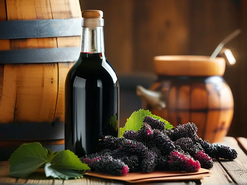 发酸的桑葚酒与新鲜桑葚对比图