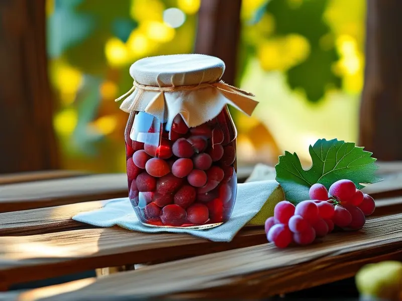 自酿葡萄酒的初始阶段，玻璃罐中装满葡萄和水，覆盖布料