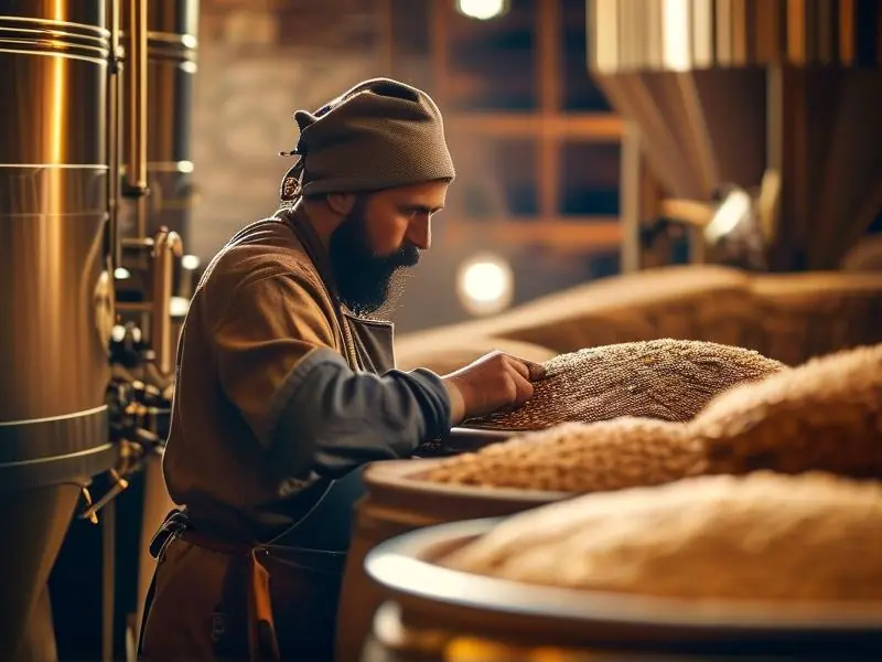 酿酒师检查发酵中的粮食原料