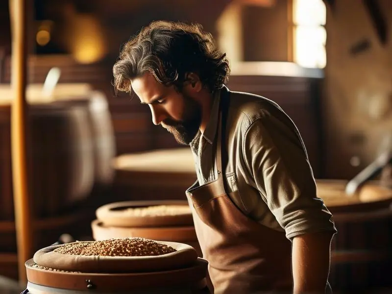 酿酒师检查发酵中的粮食