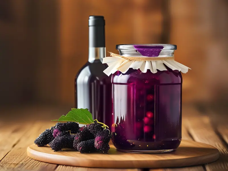 泡制中的桑葚酒，桑葚果实饱满，酒液呈现深紫色