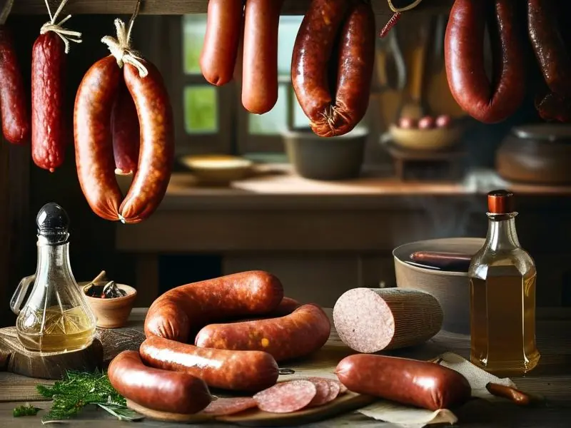 传统手工制作香肠的过程，使用白酒调味