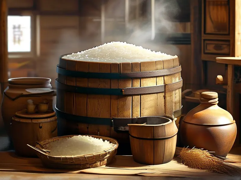 传统糯米酿酒过程展示