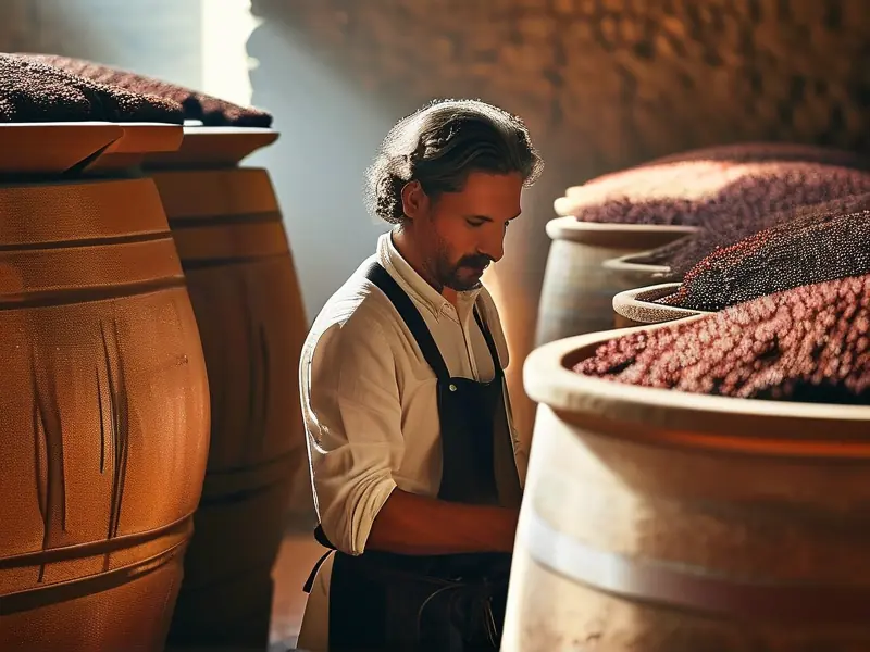 酿酒师检查高粱发酵过程实拍图