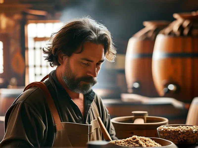 酿酒师检查酒曲发酵过程