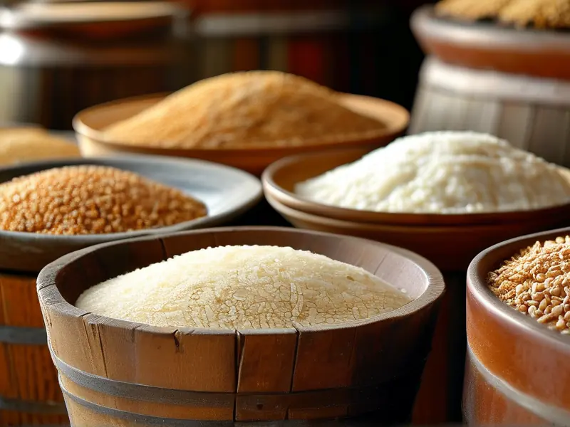 白酒酿造原料展示：高粱、大米、小麦、酒曲和水