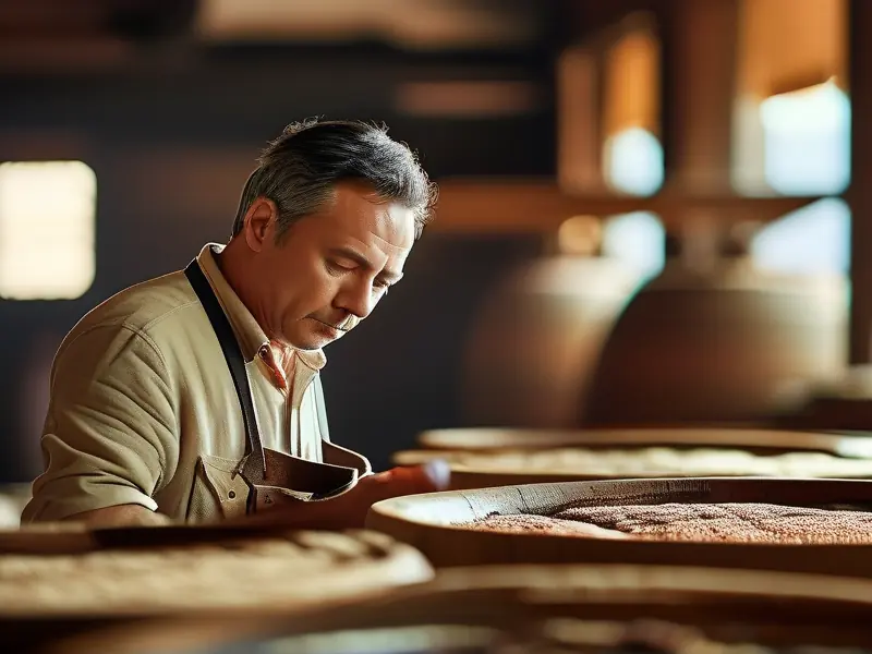 酿酒师检查酒醅的白酒酿造过程