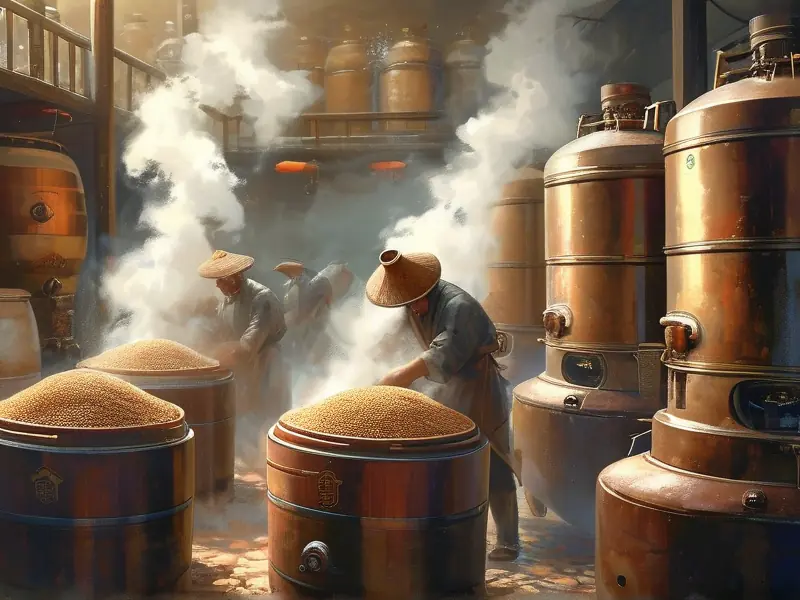 白酒酿造过程：蒸煮粮食与发酵场景