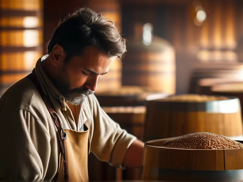 酿酒师检查发酵粮食的传统酿酒作坊场景