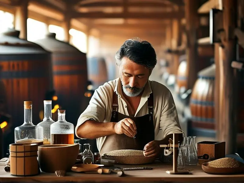 酿酒师在实验室中勾兑白酒