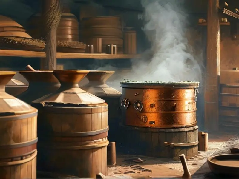 古代中国白酒蒸馏场景示意图