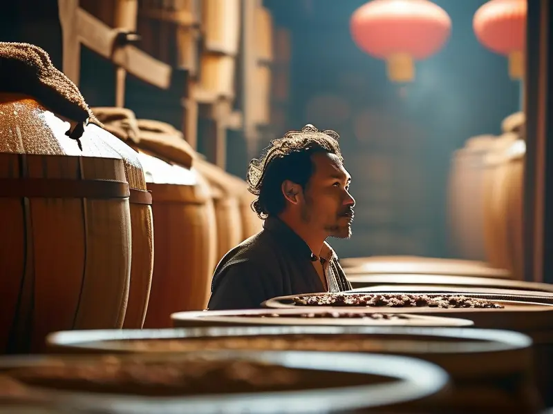 酿酒师检查白酒发酵过程