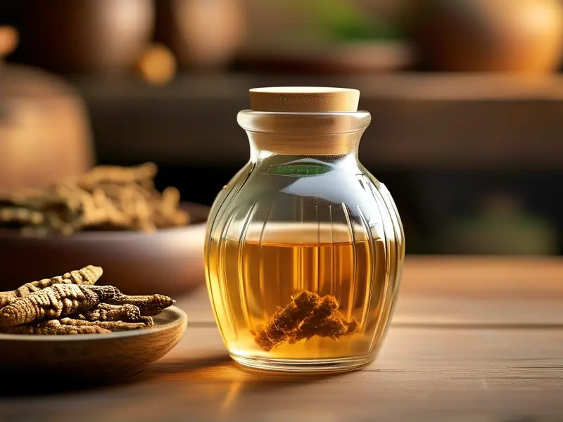 冬虫夏草与白酒在玻璃罐中浸泡的虫草泡酒制作过程
