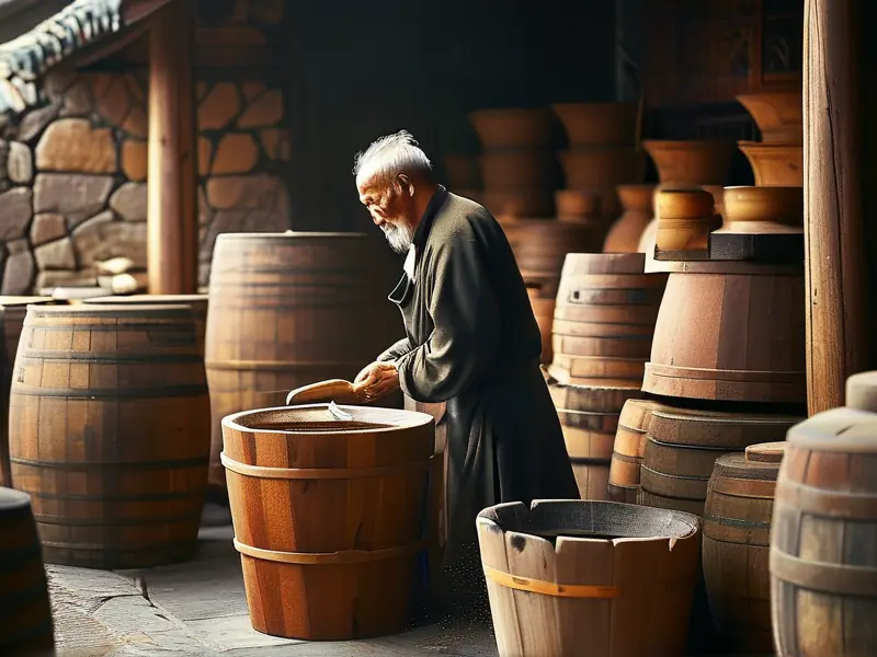 传统老工艺酿酒师正在操作古老的酿酒工具