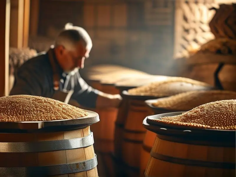 纯粮酿酒技术展示:酿酒师检查发酵过程