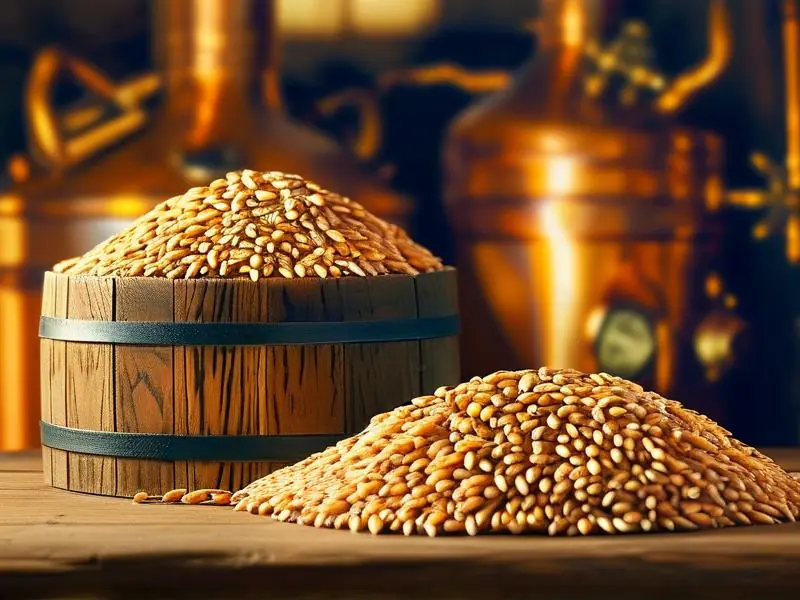 用于酿酒的金黄色大麦与酿酒设备特写
