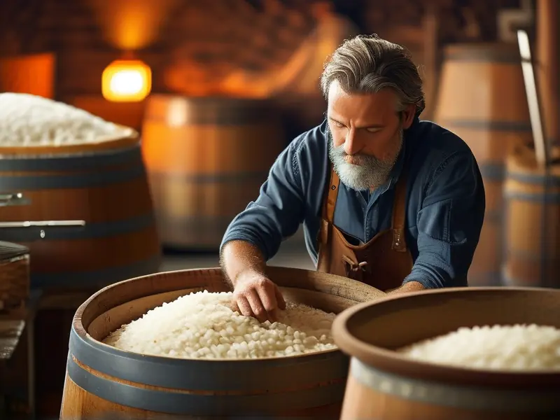 酿酒师检查大米酒发酵过程