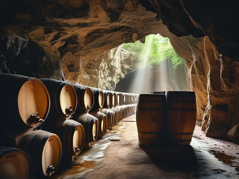 酿酒师在洞穴中检查洞藏酒坛