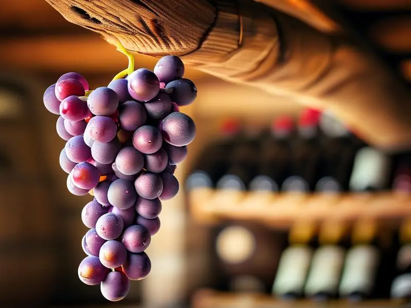 风干中的葡萄串悬挂在木架上