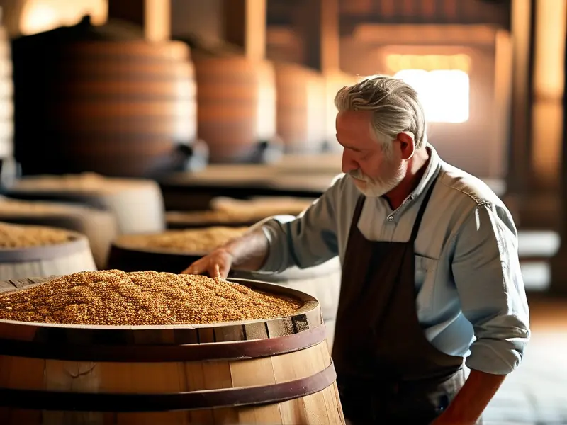 酿酒师检查发酵高粱的传统白酒酿造过程